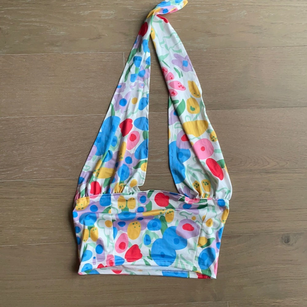 ADORABLE WITH JEAN FLORAL HALTER TOP DUPE